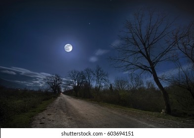 Beautiful Night Landscape Of Big Full Moon Rising Over The Mountain Road With Hill And Trees, Mystical Concept. Azerbaijan