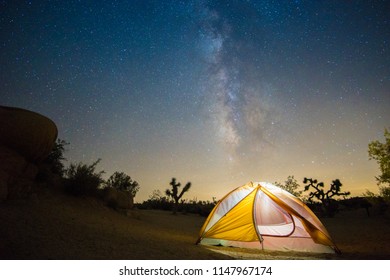 Beautiful Night Photo With Milky Way And Camping Tent In Joshua Tree