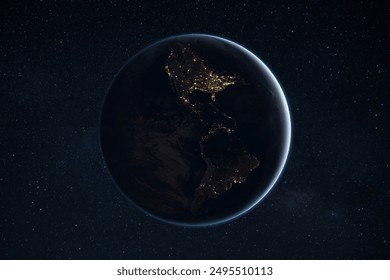 Beautiful night planet Earth with cities of South America and USA. Business and communication, concept. Amazing starry space and blue planet. Brazil, America, Canada, Mexico, Argentina - Powered by Shutterstock