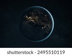 Beautiful night planet Earth with European countries: Italy, Germany, Poland, England, Belgium, Turkey, Moscow. Business and communication, concept. Amazing space and blue planet