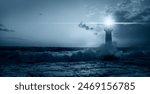 Beautiful night seascape with lighthouse at blue dark night