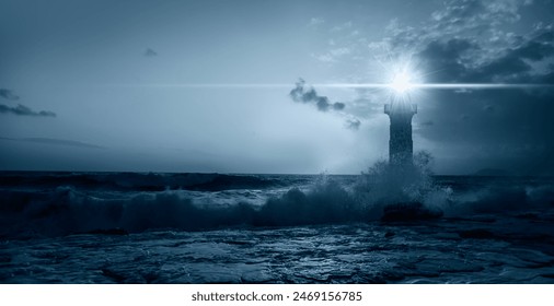 Beautiful night seascape with lighthouse at blue dark night - Powered by Shutterstock