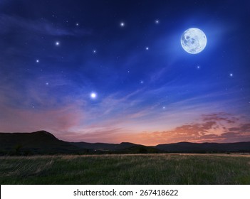 Beautiful Night Sky With The Full Moon And Stars. Spring In Crimea