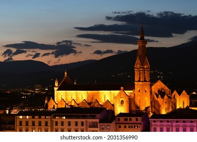 Beautiful night view of the Basilica of the Holy Cross in Florence seen from Piazzale Michelangelo. Italy