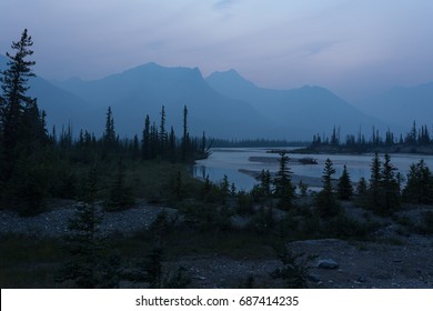 Beautiful Night View At Forest Lake In Jasper National Park, Alberta, Canada