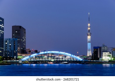 Beautiful Night View Of Tokyo Skyline And Sumida River