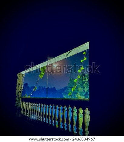 Beautiful Night View from window of Balcony perfect shot with amazing view moon shines like sun in the dark and some green leaves rows and dark blue mid night scene adventure 