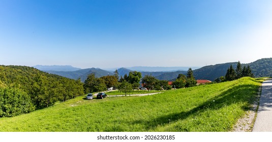 Beautiful Non Urban Landscape With Mountains And Hills At Summer, Natural Environment With Vibrant Colors, Large Panoramic Cut