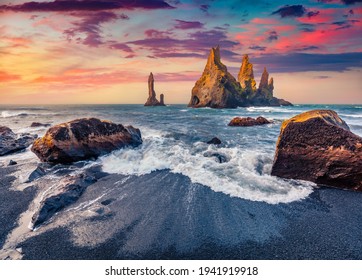 Beautiful Nordic scenery. Captivating morning seascape of Atlantic ocean. Stunning summer sunrise on Reynisdrangar cliffs. Colorful summer scene of Iceland, Vik location, Europe.  - Powered by Shutterstock
