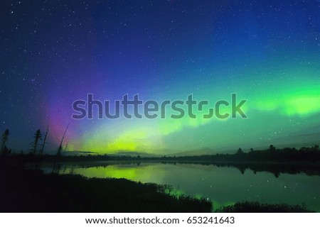 Beautiful northern lights glowing in waves above northern night landscape, sky full of stars, pink burst of color on left. Colors, trees and stars reflected in lake water.