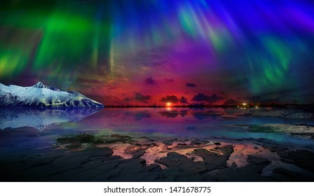 Beautiful northern lights of the northern part of the planet. Magnificent views of the ocean and northern lights with rocks and stones. Beautiful sea water plays with colors and light