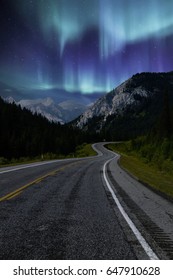 Beautiful Northern Lights And Road In Alberta Canada