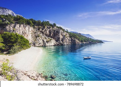 Beautiful Nugal Beach Near Makarska Town, Dalmatia, Croatia. Makarska Riviera, Famous Landmark And Travel Touristic Destination In Europe