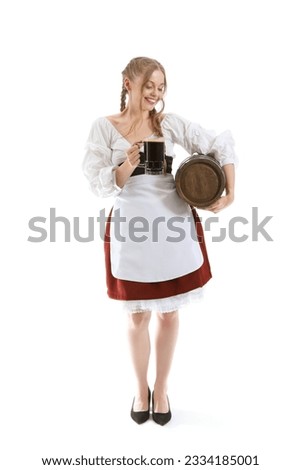 Beautiful Octoberfest waitress with beer and barrel on white background Foto stock © 