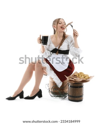 Beautiful Octoberfest waitress with beer and snacks sitting on white background Foto stock © 