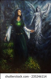 A Beautiful Oil Painting Of A Mystical Woman In Historical Dress Having A Visionary Encounter With Her Guardian Angel In A Temple Of Nature 