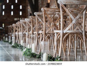 Beautiful Old Antique Wooden Chairs In Wedding Ceremony Room With No People.