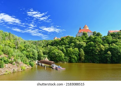 Beautiful old castle Veveri. Landscape with water on the Brno dam during summer holidays on a sunny day. Czech Republic - Brno. 