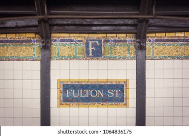 Beautiful Old Mosaic Sign And Ornaments In Fulton Street Subway Station, New York City, USA