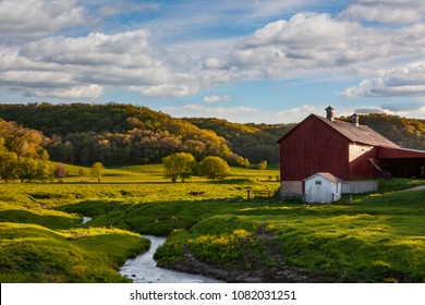 Beautiful old red barn in spring