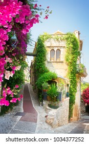 Beautiful Old Town Street Of Provence With Summer Blooming Flowers, France