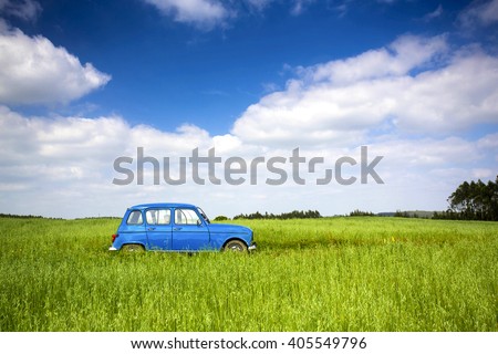 Beautiful old vintage car on a green meadow
