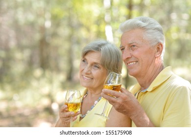 Beautiful Older Couple Drinking Wine On Nature