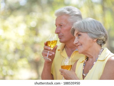 Beautiful Older Couple Drinking Wine On Nature