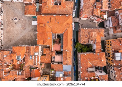 Beautiful Orange Roofs Of Venice In Italy. Aerial View. Venice Landmark From Above.