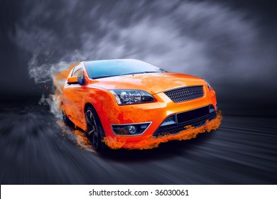 Beautiful Orange Sport Car In Fire