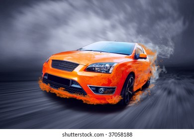 Beautiful Orange Sport Car In Fire