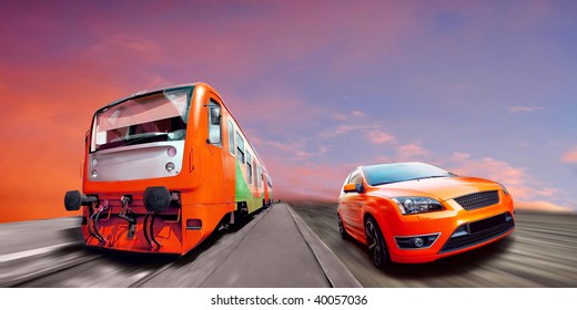 Beautiful Orange Sport Car And Train On Road