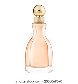 Beautiful Orenge Bottle Of Perfume. Lady Eau De Parfum Bottle Isolated On White. Floral Fragrance With Velvet Peach And Vanilla For Women. Perfume Spray. Modern Luxury Women's Parfum De Toilette