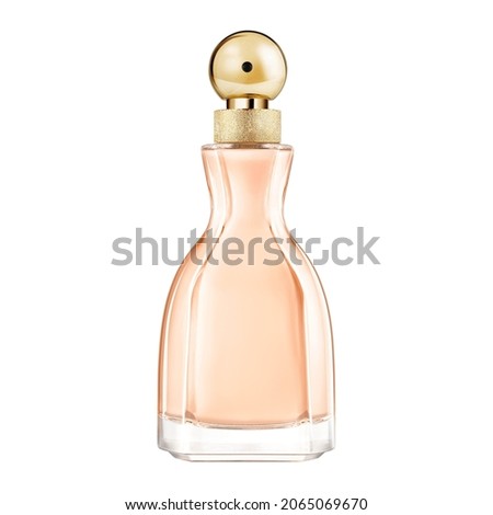 Beautiful Orenge Bottle of Perfume. Lady Eau De Parfum Bottle Isolated on White. Floral Fragrance with Velvet Peach and Vanilla for Women. Perfume Spray. Modern Luxury Women's Parfum De Toilette
