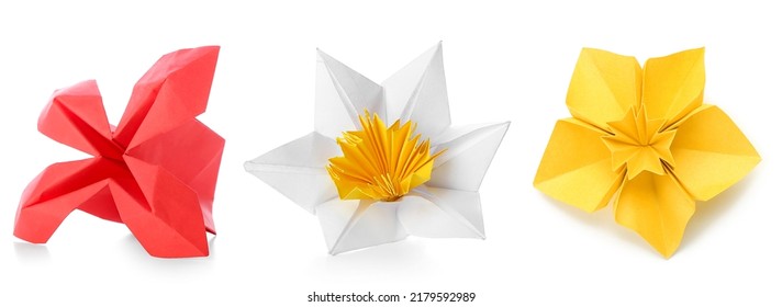 Beautiful origami flowers on white background