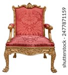 A Beautiful Ornate Throne In Gold With Red Upholstery, Isolated On A White Background