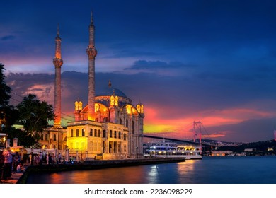 Beautiful ortakoy mosque and Istanbul bosphorus bridge at twilight in Istanbul, Turkey. - Shutterstock ID 2236098229