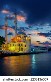 Beautiful ortakoy mosque and Istanbul bosphorus bridge at twilight in Istanbul, Turkey. - Shutterstock ID 2236136309