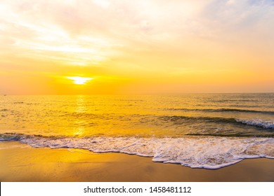 Beautiful outdoor landscape of sea and tropical beach at sunset or sunrise time for leisure travel and vacation