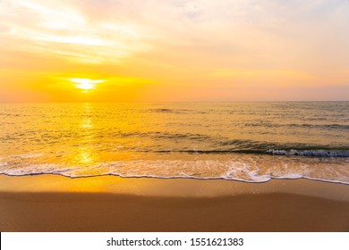 Beautiful outdoor landscape of sea and tropical beach at sunset or sunrise time for leisure travel and vacation