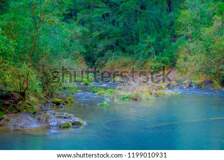 Beautiful outdoor view of gorgeous river of turquoise water located at Pucon, Chile