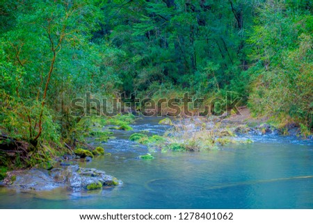 Beautiful outdoor view of gorgeous river of turquoise water located at Pucon, Chile