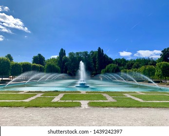 Beautiful outdoor water fountain with dancing waters on a sunny day in Battersea park, London 