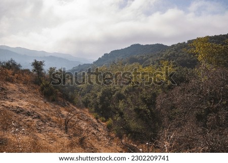 Beautiful Overlook View Of Santa Monica Mountains From Hiking Trail With Trees Blue Sky and Clouds In Southern California Topanga State Park Trippet Ranch Santa Ynez Canyon Santa Monica Mountains