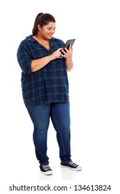 Beautiful Overweight Female College Student Using Tablet Computer Isolated