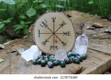Beautiful Pagan Altar Made Of Wooden Runic Symbol With Clear Quartz Crystals