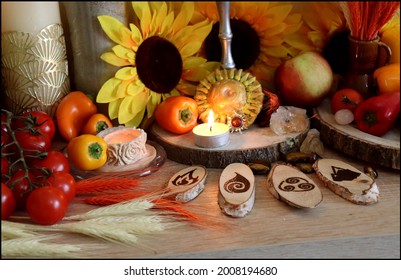 Beautiful Pagan Withcraft Altar For Litha, Lughnasadh Or Mabon Ritual With Wooden Four Elements