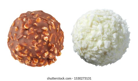 Beautiful pair of white and dark chocolate ball shaped candies with filling, nuts and coconut shavings isolated on white background. Full sharpness across the entire field of the frame.