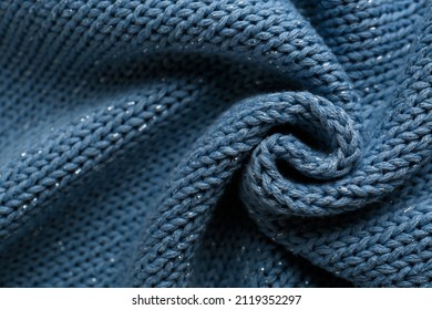 Beautiful Pale Blue Knitted Fabric As Background, Top View