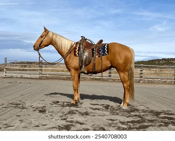 A beautiful palomino horse stands tall and proud in a dirt arena. - Powered by Shutterstock